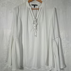 White House Black Market Blouse 12 White V Neck Lace Up Bell Sleeves WHBM